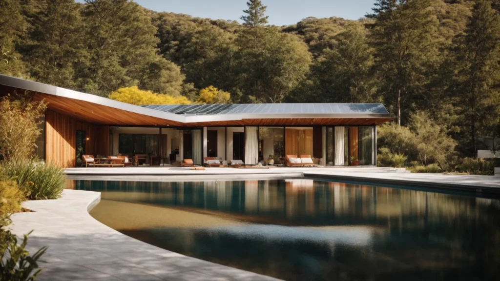 a pool with a house with metal roofing and trees in the background