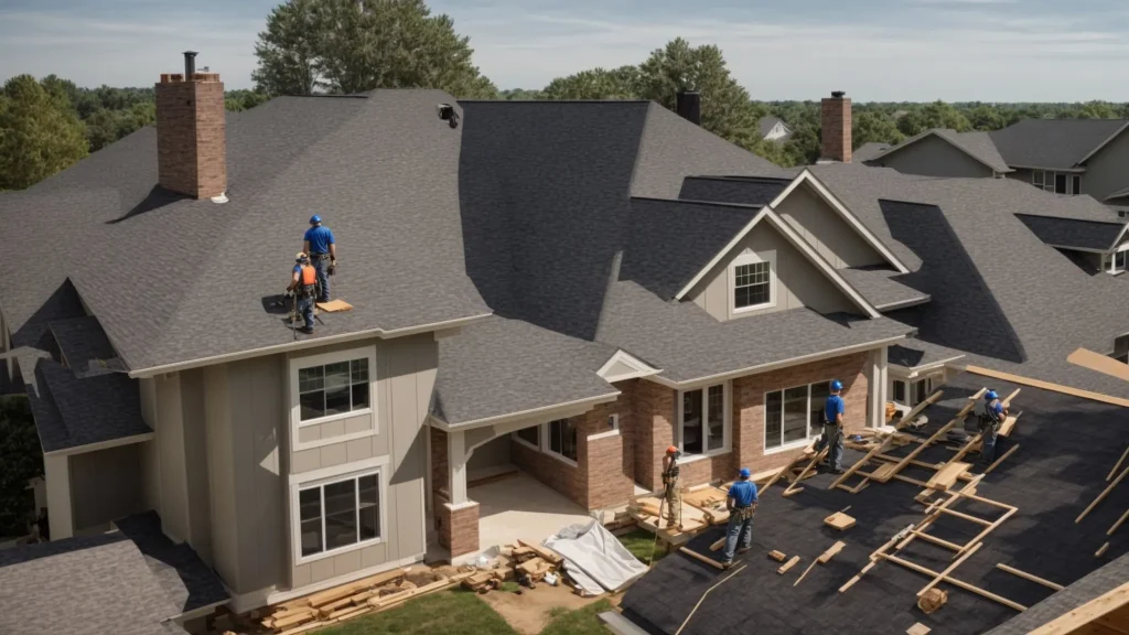 a group of men working on a roof replacement job